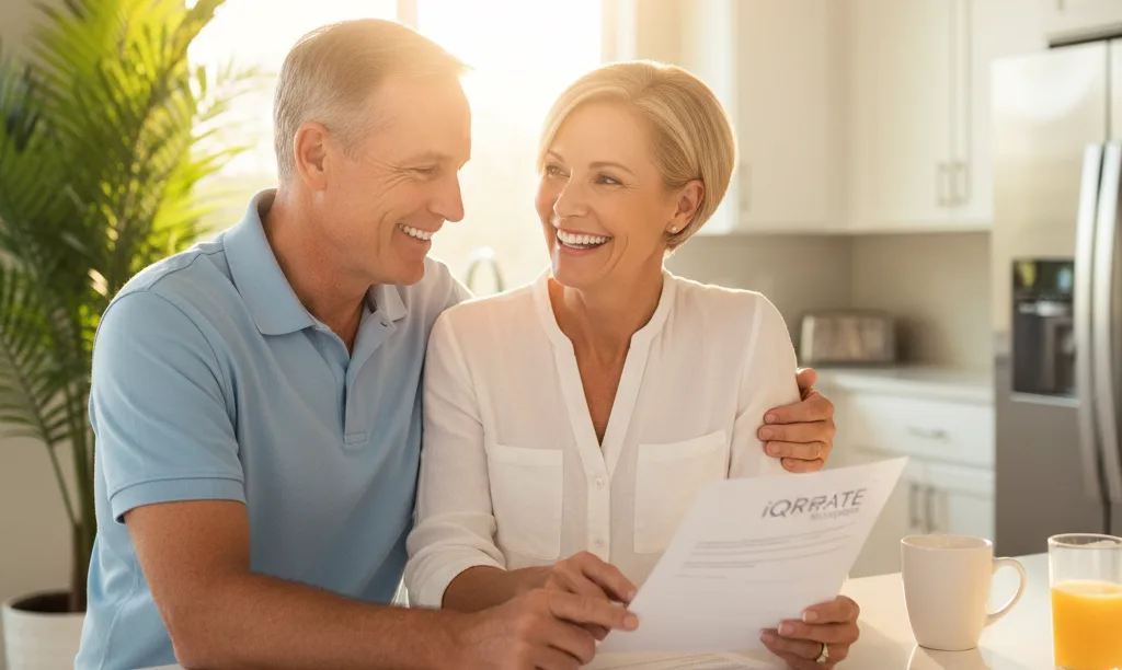 Veteran couple feeling relieved reviewing iQRATE Mortgages document.