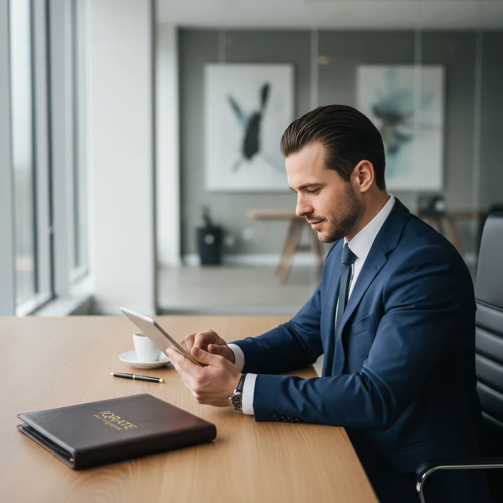A mortgage banker discussing a contract with a client, illustrating specialization.