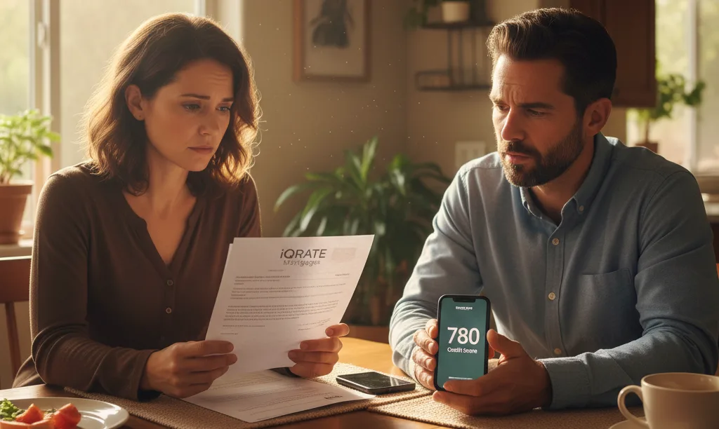 Couple reviews iQRATE Mortgages document with concern.
