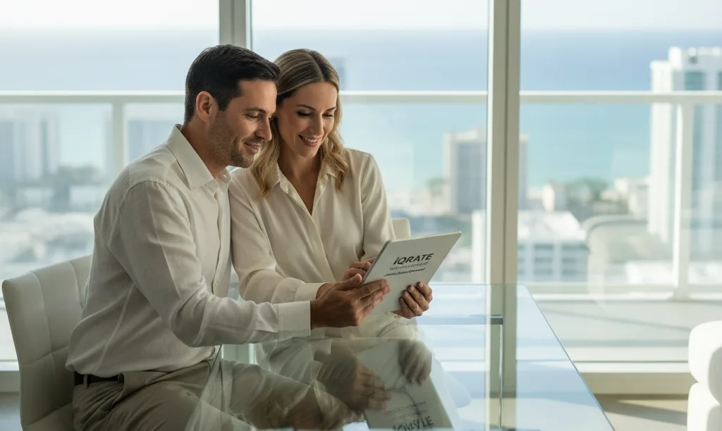 Couple celebrating mortgage approval in Miami high-rise.