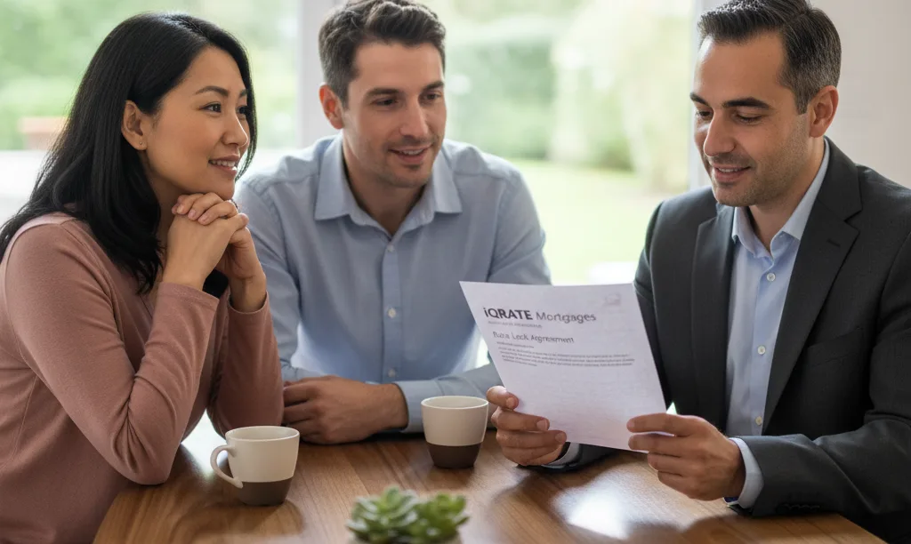 Couple feeling secure reviewing mortgage documents with advisor.