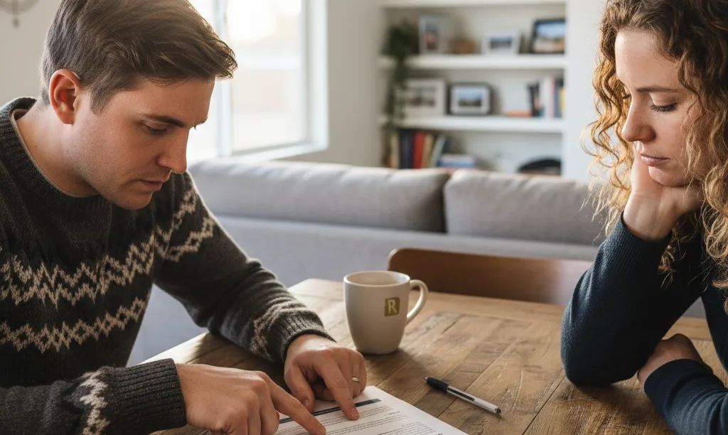 Couple seriously reviewing iQRATE Mortgages down payment document.