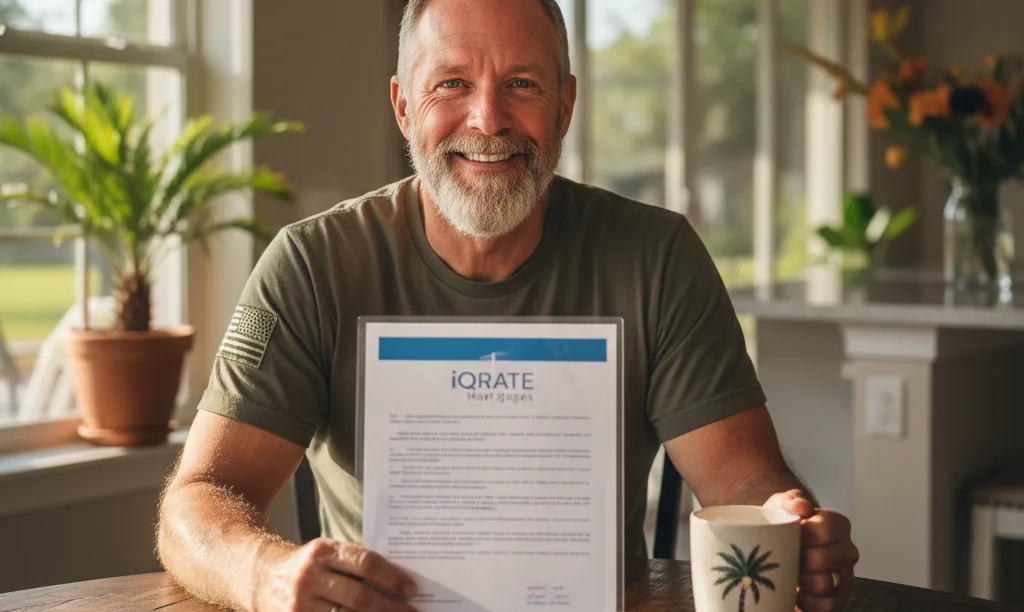 Veteran reviewing iQRATE Mortgages document with relief.