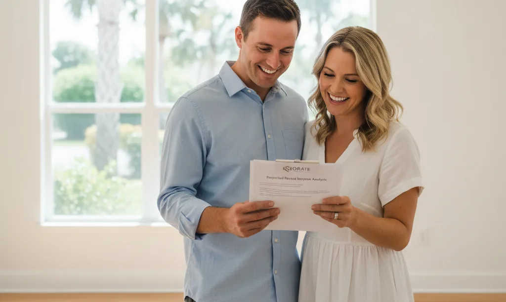 Couple reviewing rental analysis in vacant Orlando home.