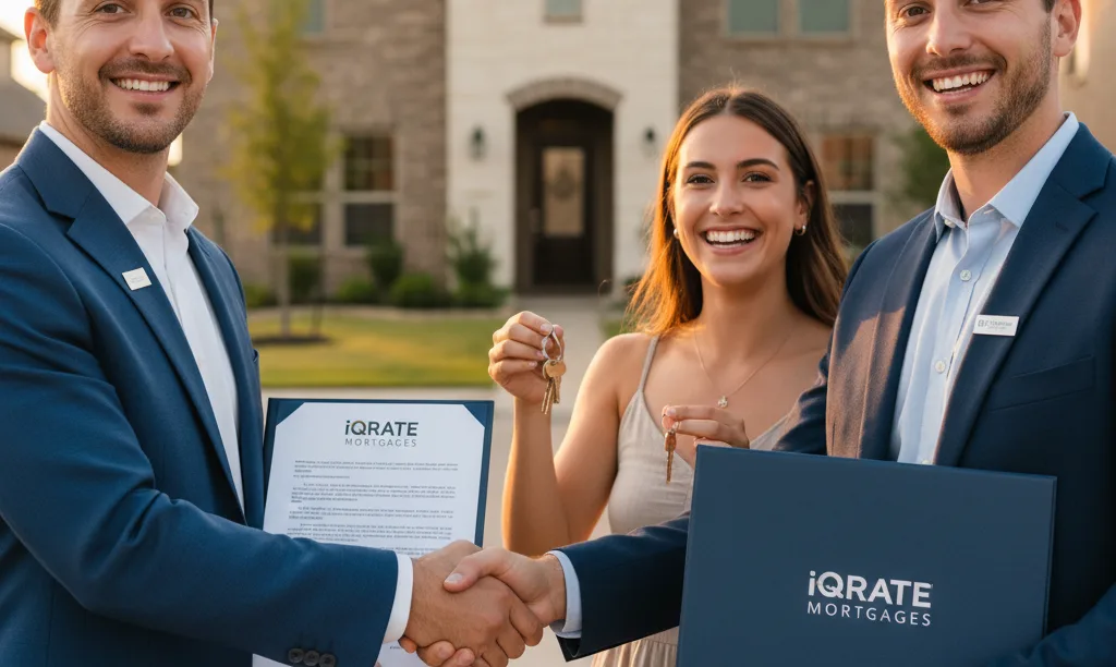 iQRATE Mortgages officer congratulating couple outside Texas home.
