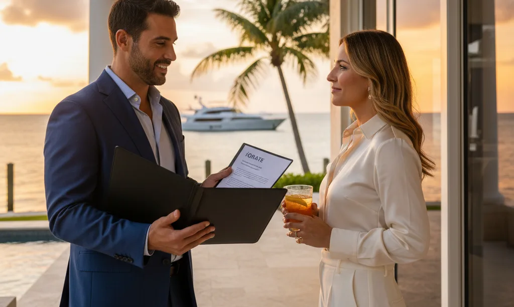 Professionals discussing a secure luxury Florida sale.