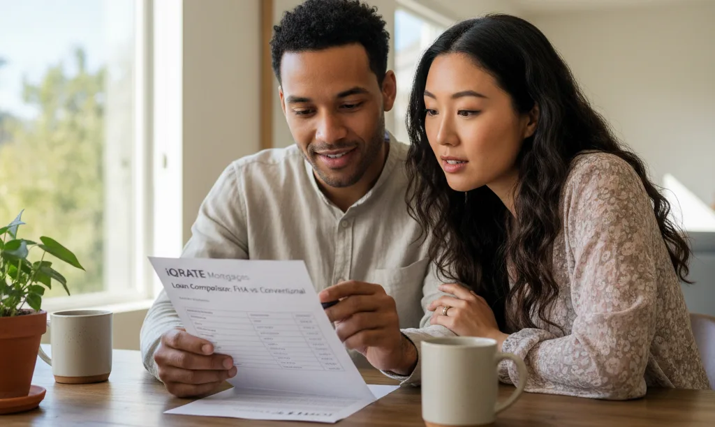 Couple comparing mortgage options with iQRATE Mortgages.
