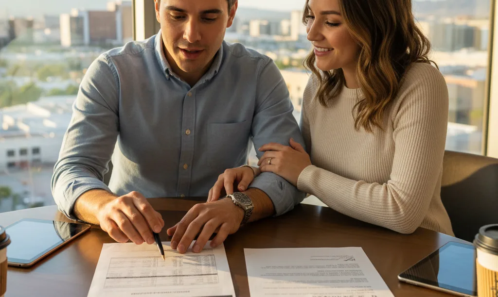 Couple reviewing mortgage documents from iQRATE Mortgages.