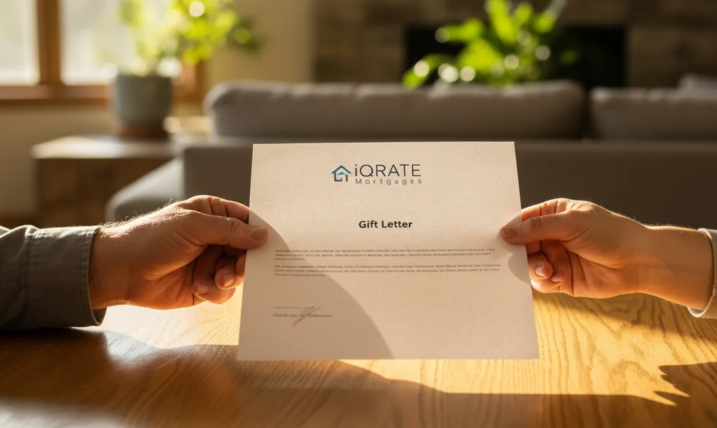 Hands exchanging an iQRATE Mortgages gift letter.