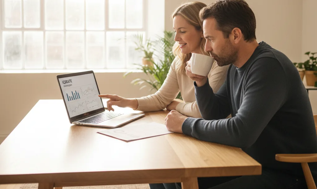 A couple confidently reviews mortgage options online.