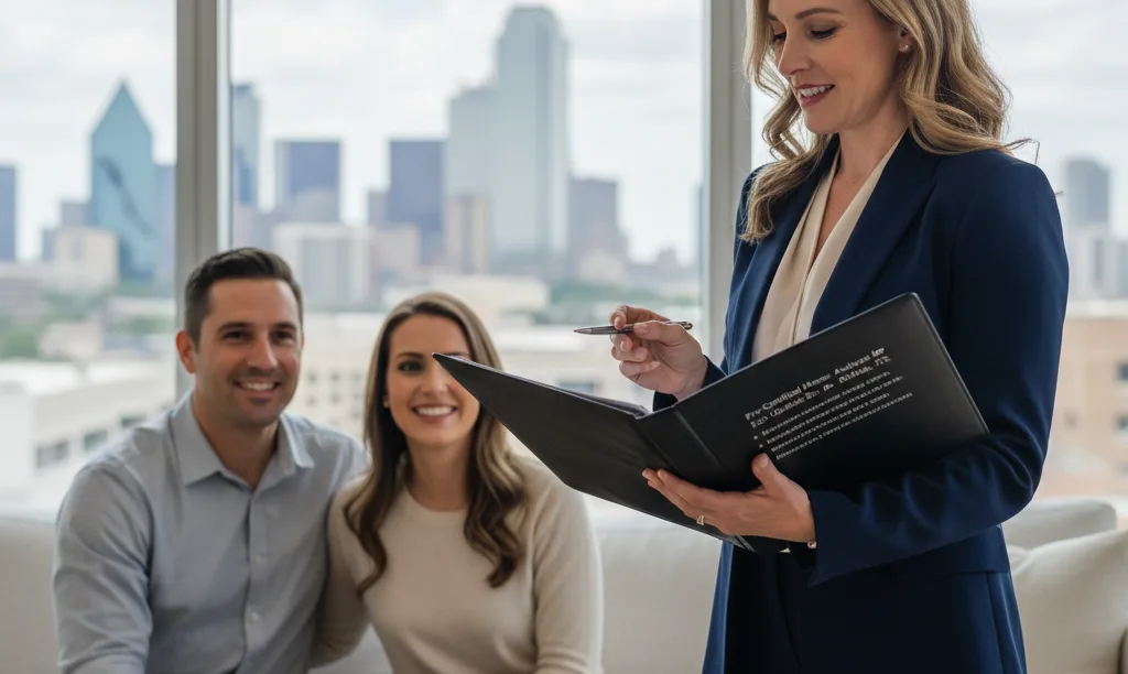 Realtor presenting a pre-certified home binder to clients.