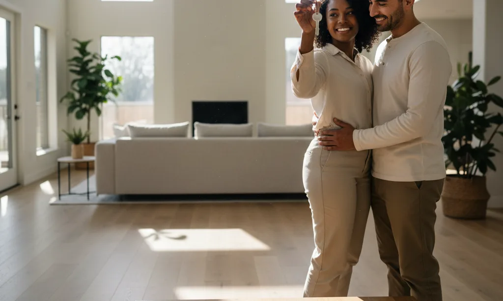 A happy couple celebrating in their new home.