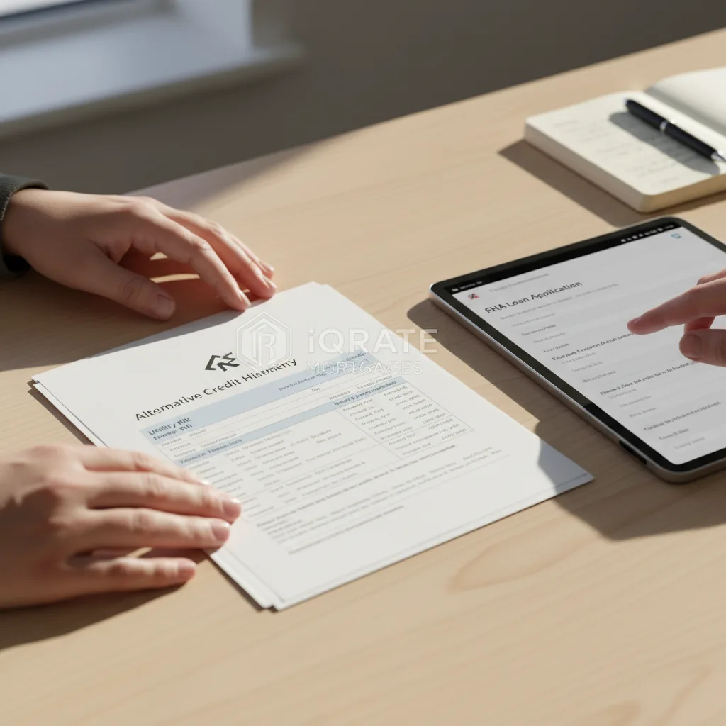 Homebuyer organizing documents like bank statements and canceled checks.
