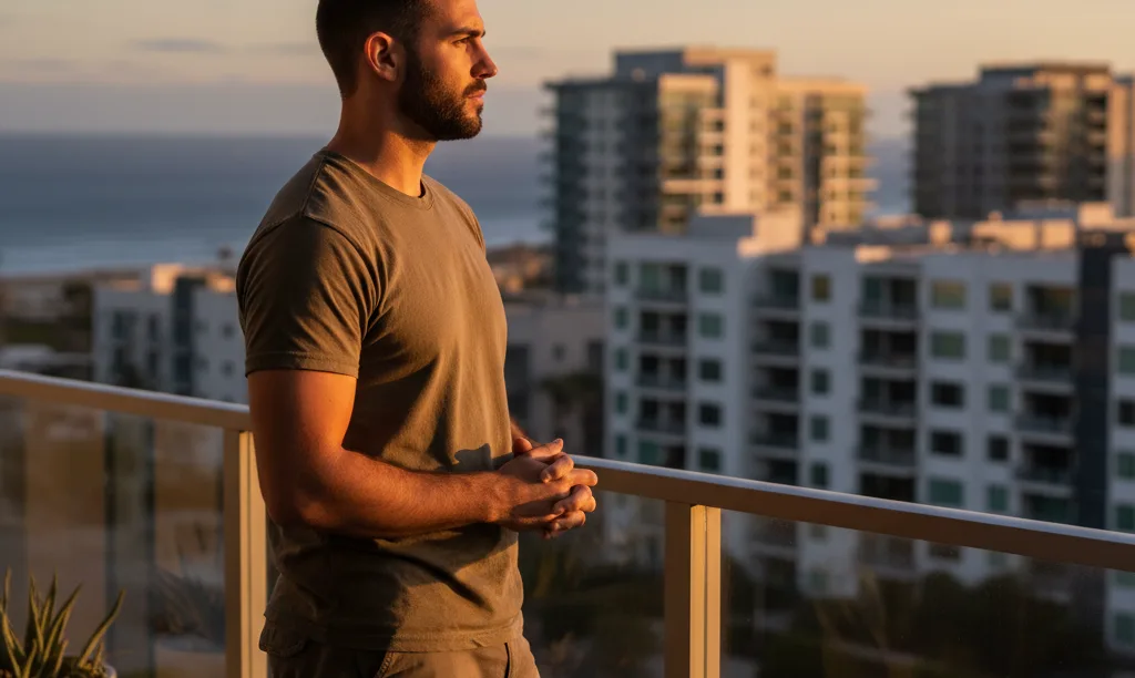 Veteran on San Diego condo balcony at sunset.