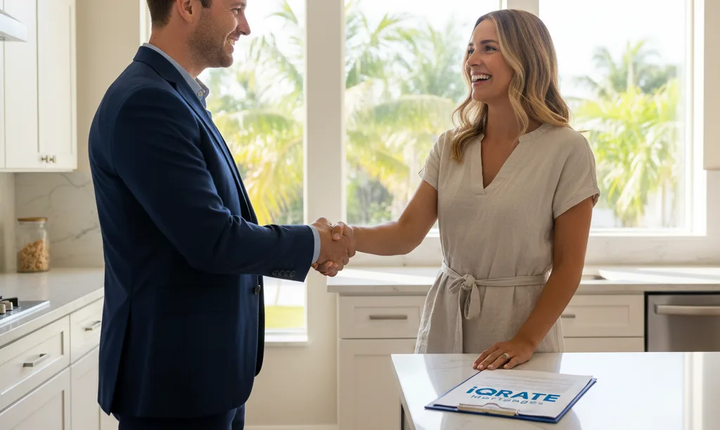 Agent and homebuyer shaking hands after closing.