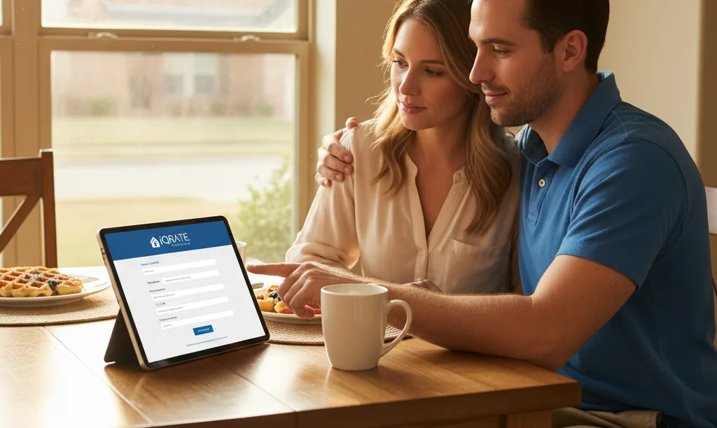 Reservist couple reviews VA loan on tablet.