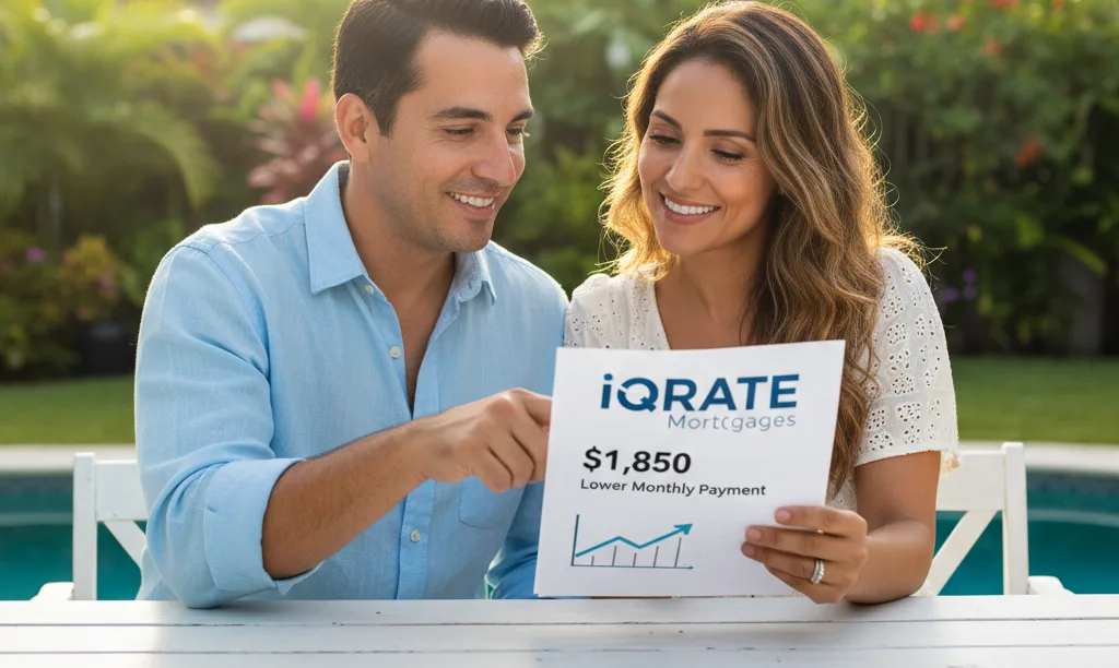 Couple in Miami reviewing mortgage refinance documents.