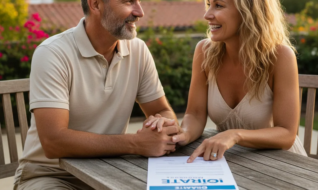 Veteran couple smiles relieved reviewing iQRATE Mortgages document at home.