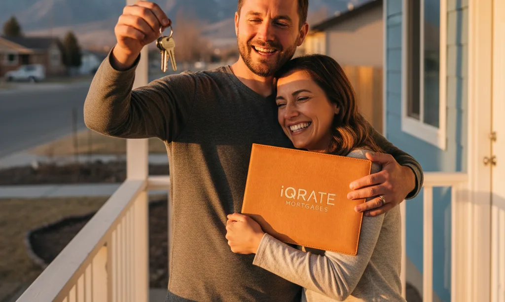 Happy couple with keys on new Reno porch.