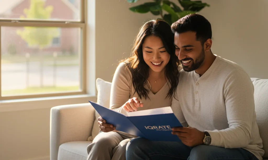 Couple with iQRATE Mortgages documents in Texas home.