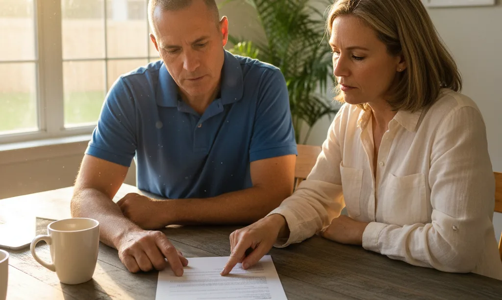 Veteran couple analyzing iQRATE Mortgages refinance documents at home.