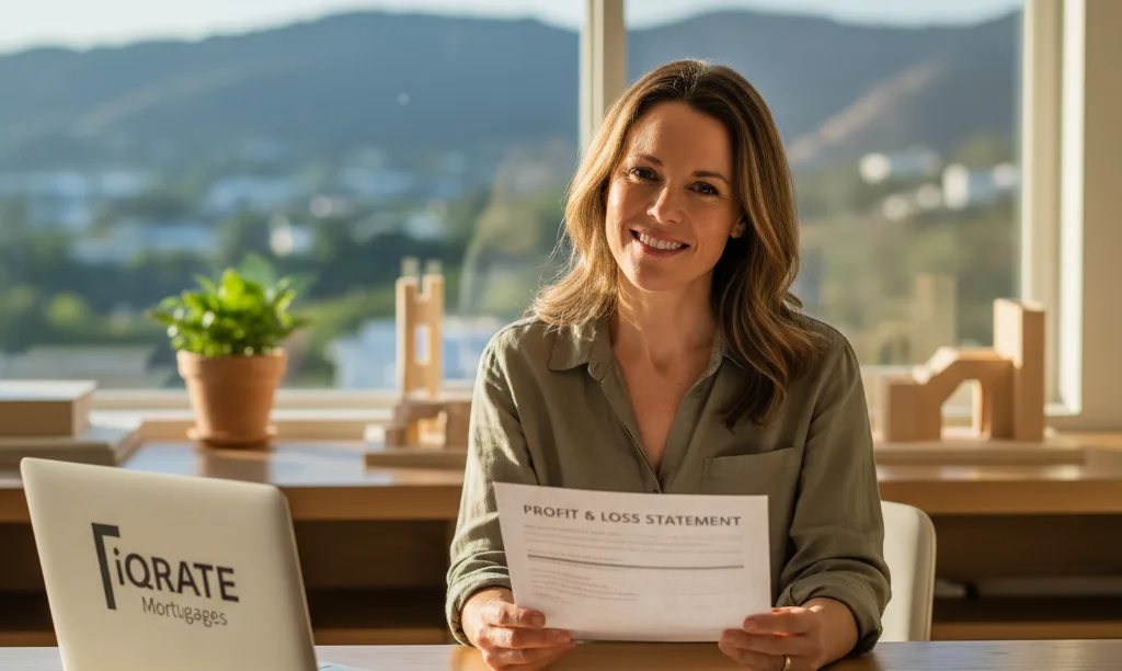 Self-employed woman reviewing P&L statement from iQRATE Mortgages.