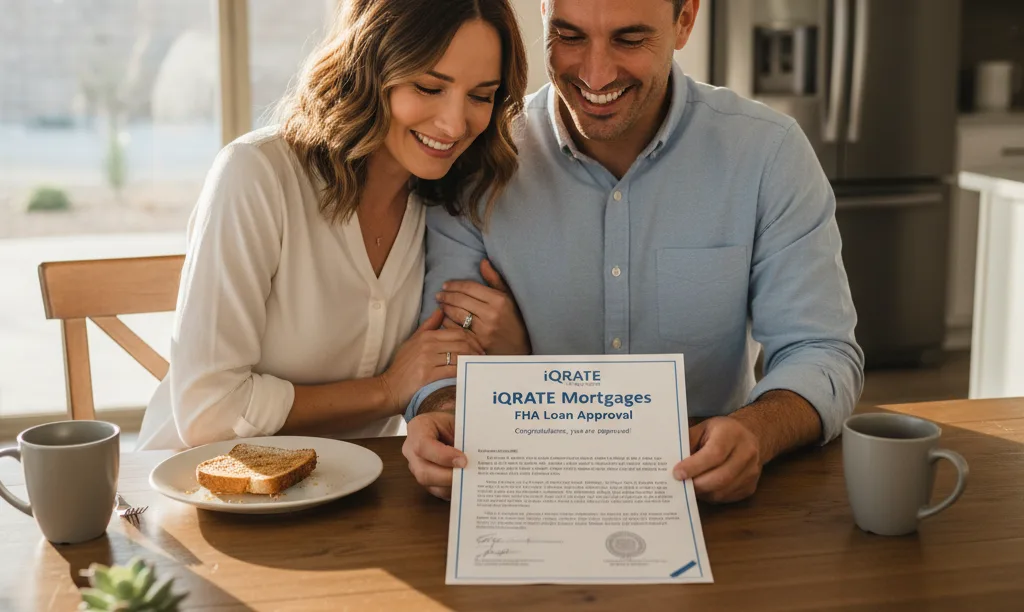 Couple reviews iQRATE Mortgages FHA loan approval.