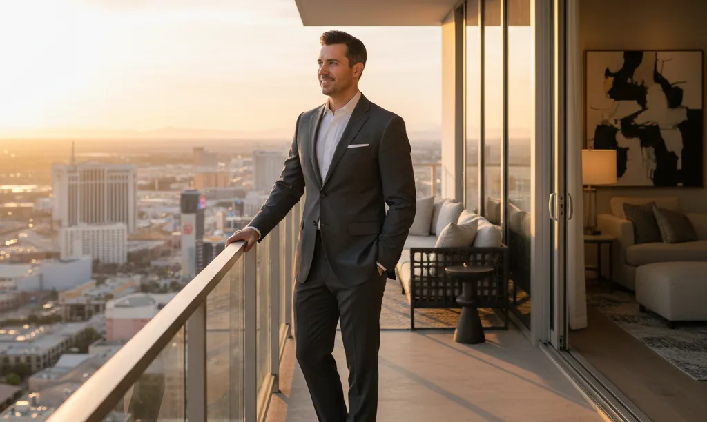 Investor admiring Las Vegas skyline from rental property.