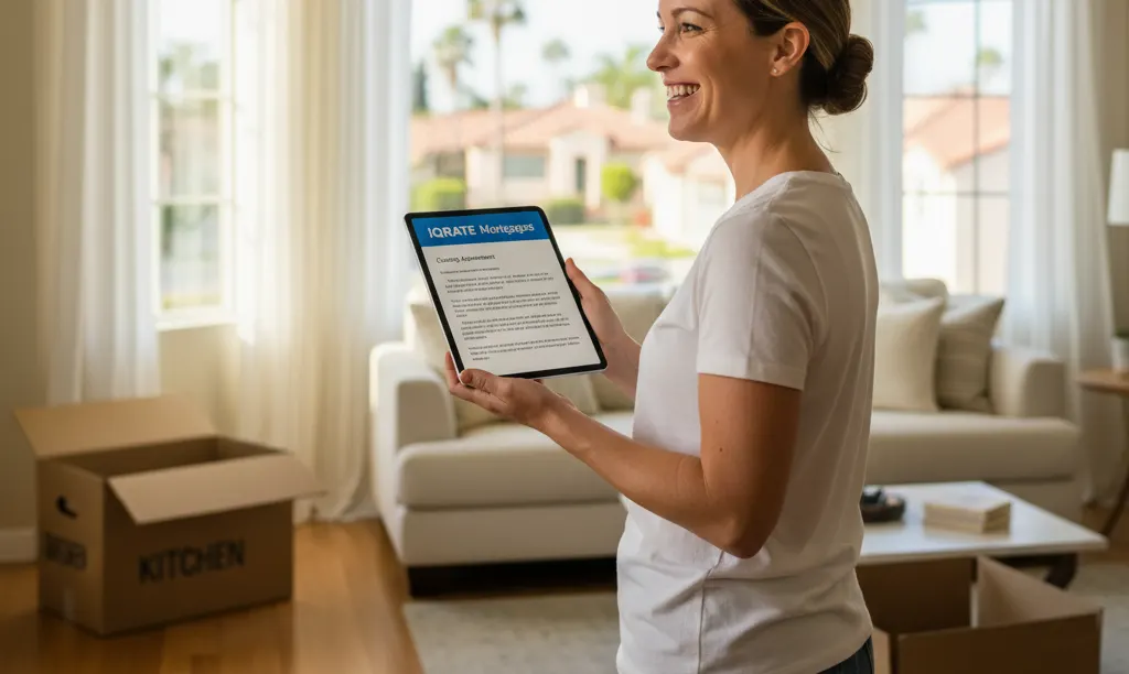 Military spouse views iQRATE Mortgages document in new home.