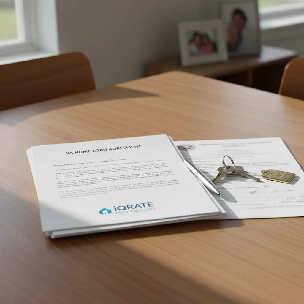 Spouse signing mortgage documents for a VA home loan.