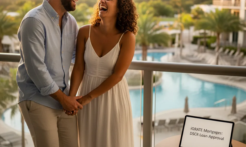 Couple celebrating on a condo-hotel balcony in Orlando.