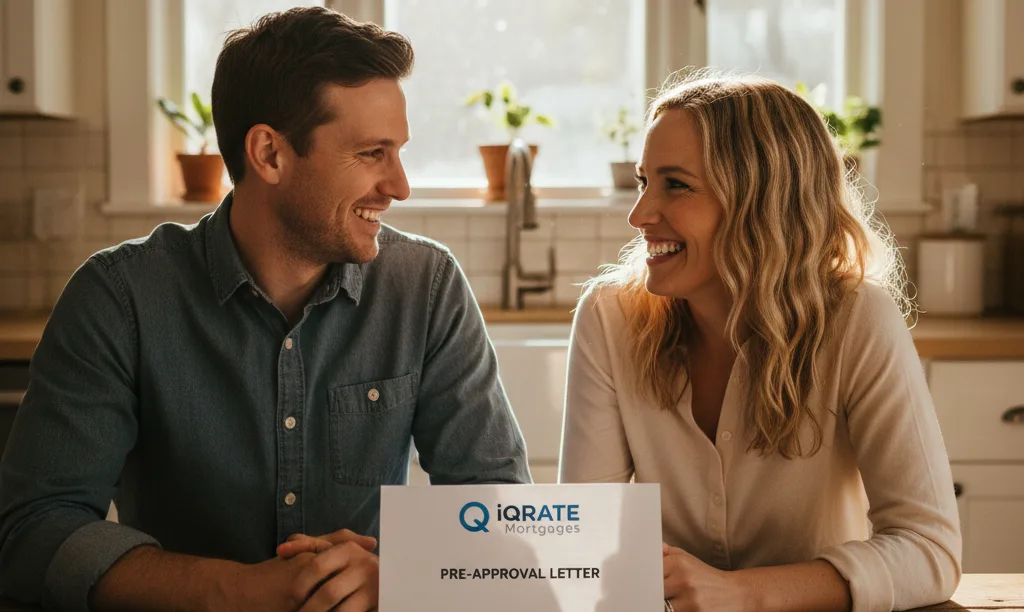 Couple smiling at kitchen table with iQRATE Mortgages letter.