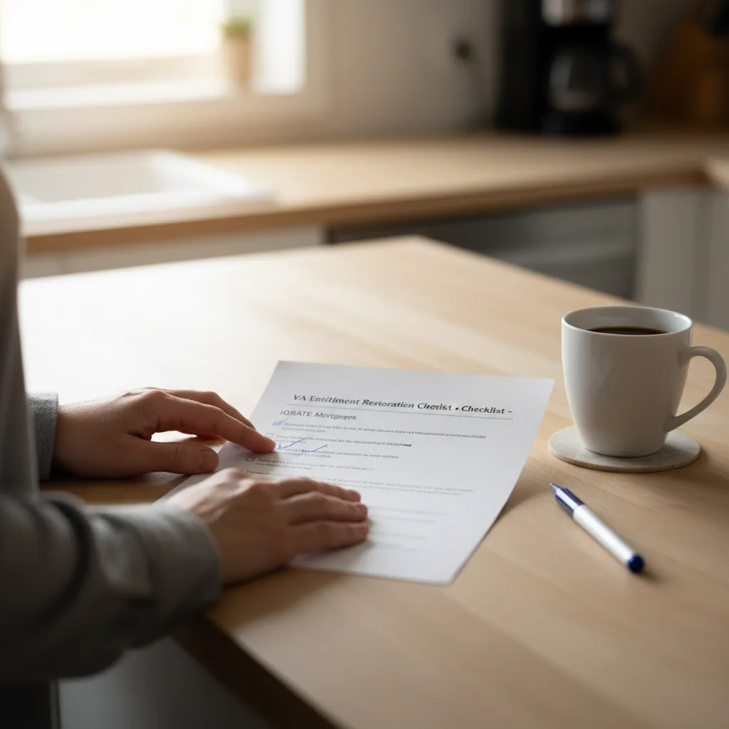 Person signing official mortgage documents for VA entitlement restoration.