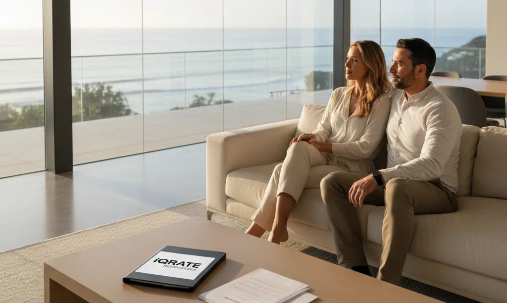 Couple in luxury San Diego home reviewing loan options.