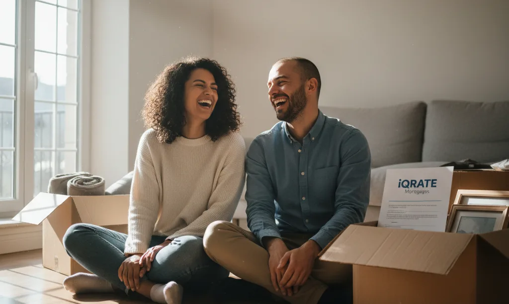 A happy couple celebrating in their new home.