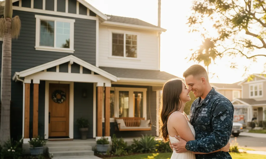 Military couple happily embracing outside new home.