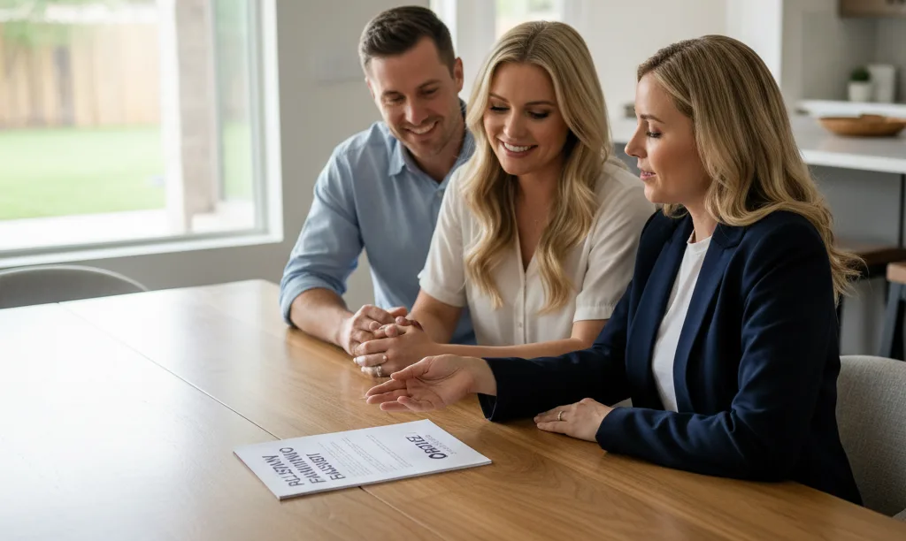 Agent presenting financial audit to trusting homeowners.