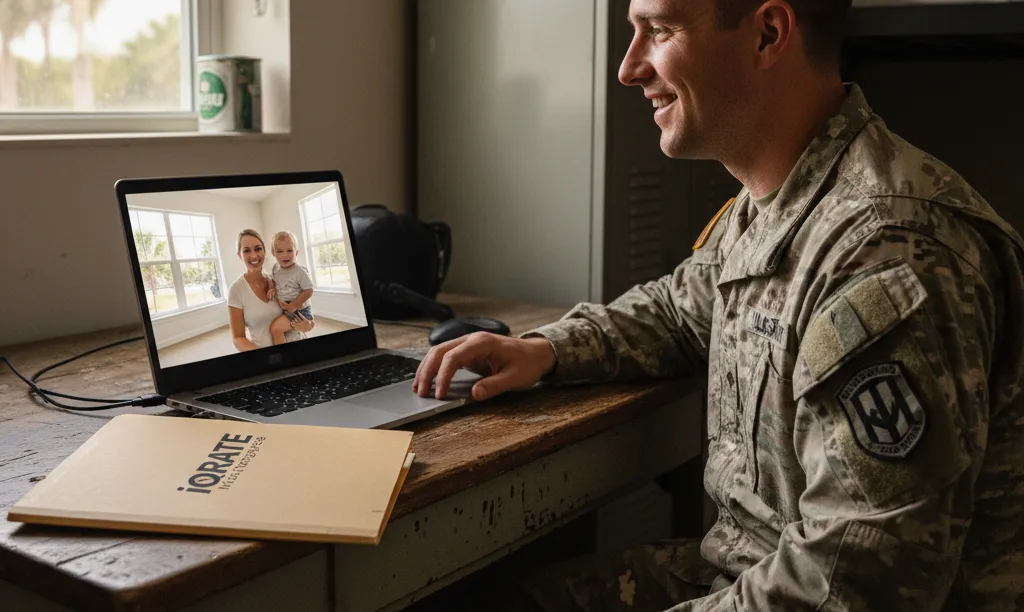 Military member overseas video calling family in new Florida home.
