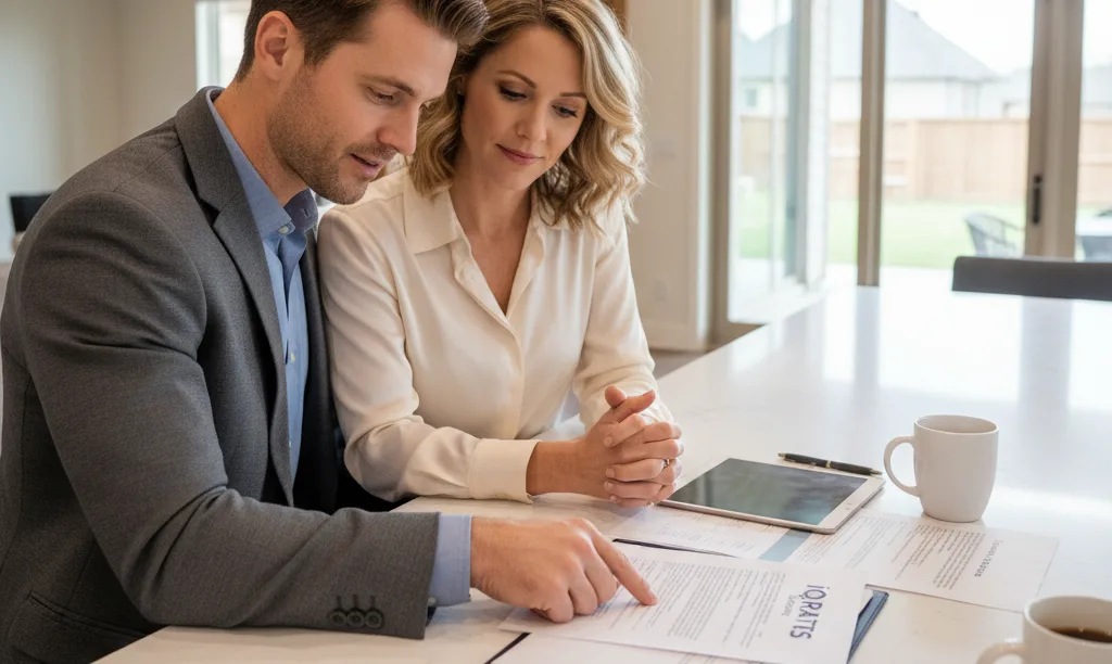 Couple reviewing jumbo loan documents from iQRATE Mortgages.