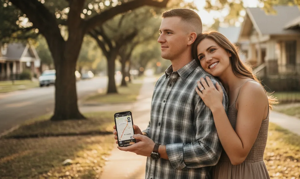 Military couple planning commute outside their Austin home.