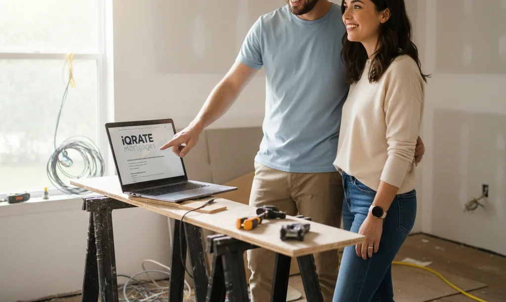 Couple planning kitchen renovation with iQRATE Mortgages.