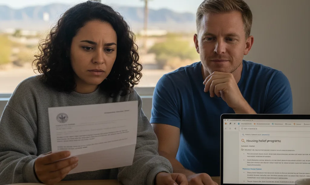 Couple reviewing loan denial letter in Las Vegas.