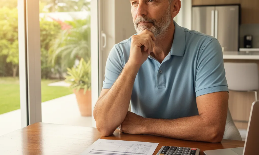Veteran thoughtfully reviewing iQRATE Mortgages refinance documents.