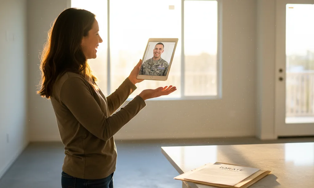 Spouse video calls military partner from new home.