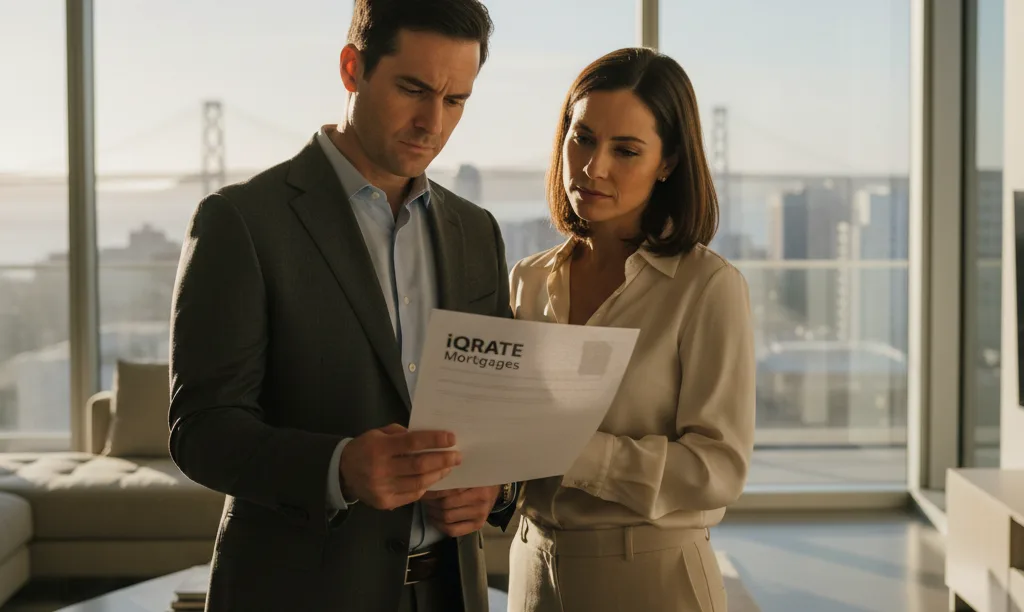 Couple in a San Francisco luxury condo, reviewing mortgage documents.