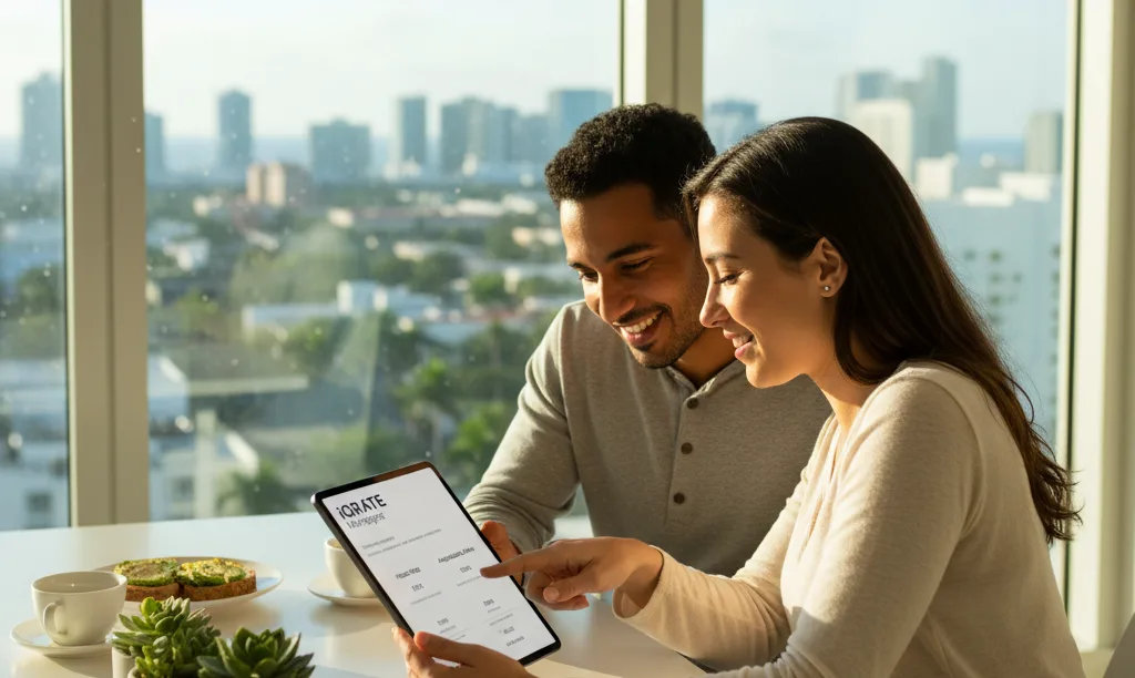 A couple in Miami reviews mortgage options online.