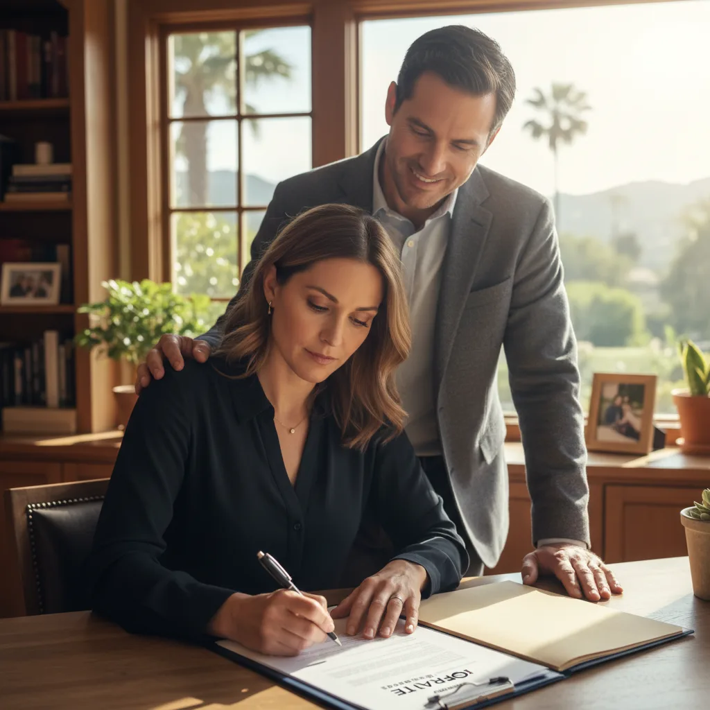 Couple reviewing mortgage application documents in San Diego.