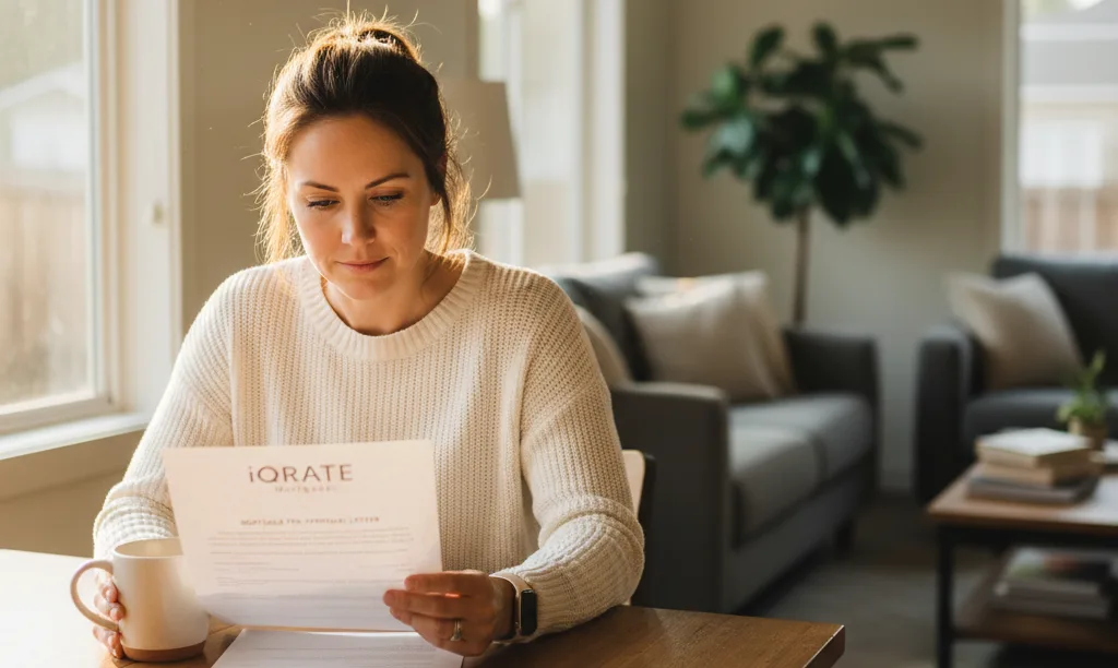 Woman reviewing iQRATE Mortgages pre-approval letter at home.