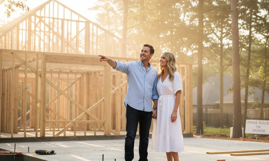 Aspirational couple viewing their custom home under construction.