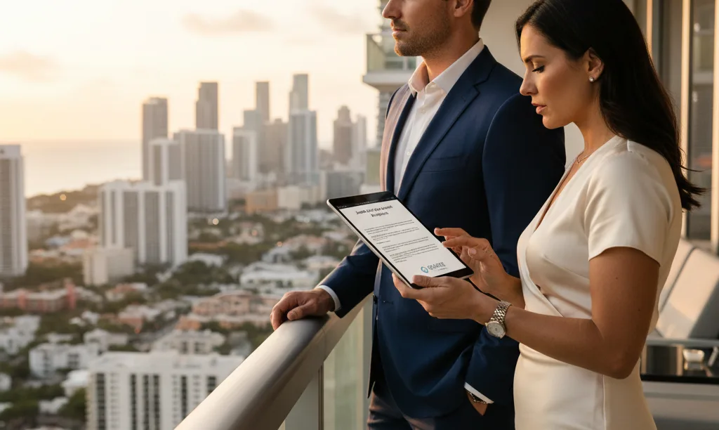 Couple on luxury condo balcony reviewing finances.